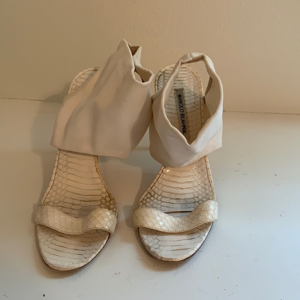 Manolo Blahnik white snakeskin cuff ankle sandal